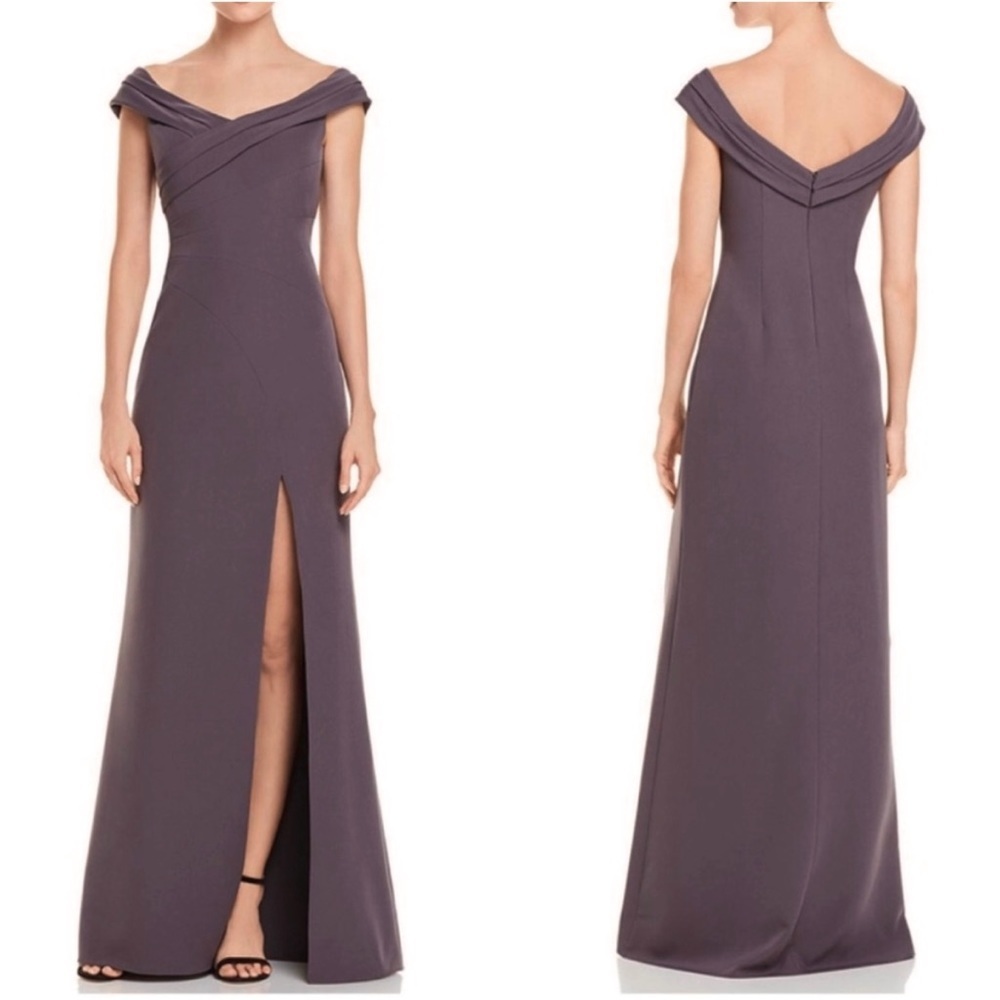 Aidan Mattox Gray Open Shoulder V Neck High Slit Gown‎ Dress Size 0
